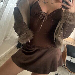 vintage y2k Nina Piu drop waist mini dress in rich chocolate brown 🤎 2000s
